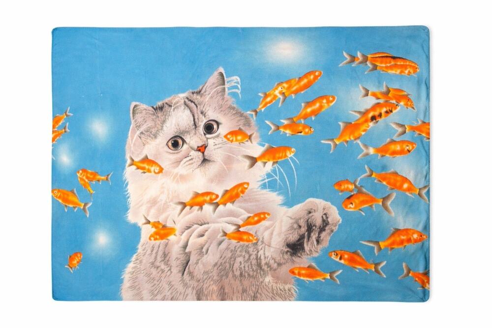 Cat Kitten Goldfish Fleece Throw Blanket Blue Koi Fish Soft Plush 45x70